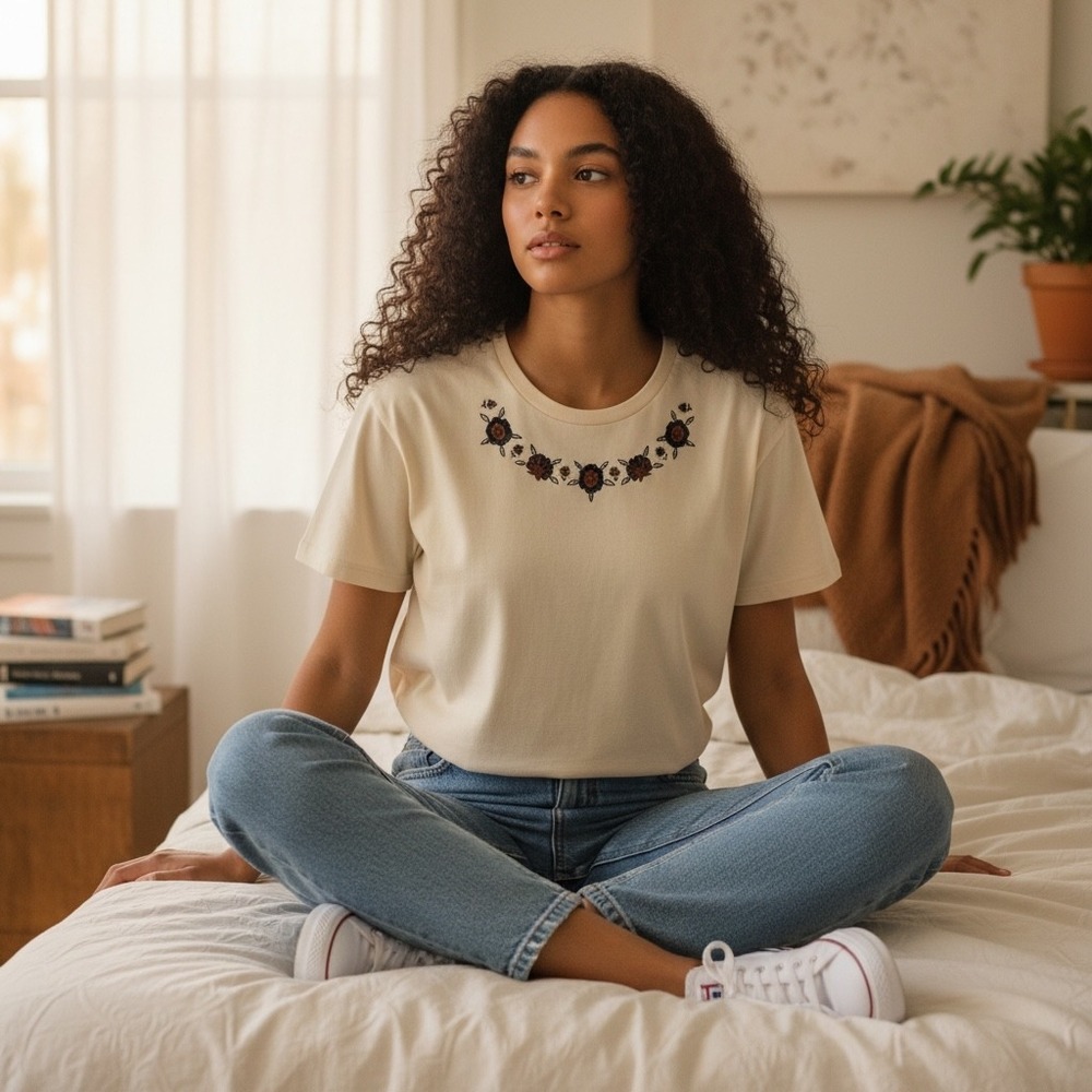 Aileen Cream Floral‎ Embroidered Round Neck T Shirt Women's Size XL